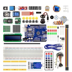 Kit programare Arduino Starter UNO R3  Super Starter Kit Kit de proiect cu placa de test  sursa de alimentare  fire de conectare  rezistente  LED  RFID  telecomanda  set
