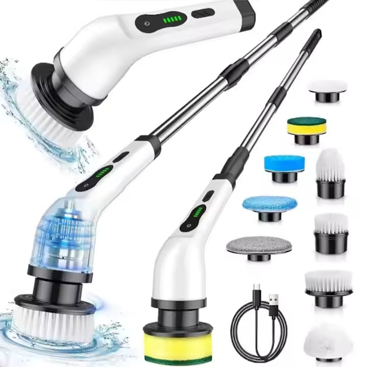 Perie de curatare electrica SoSar® 9 in 1  rotativa  fara fir  9 accesorii incluse  2 viteze  rezistenta la apa IPX7  LED  pentru baie si bucatarie