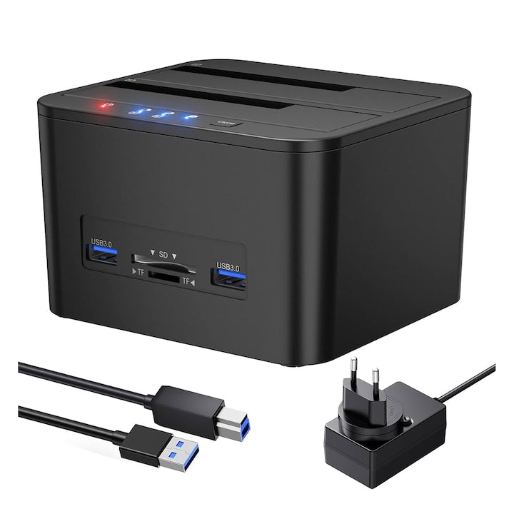 Docking Station 4 In 1 Usb 3.1  Rack compatibil SATA HDD/SSD 2.5"/3.5"  USB 3.1  Functie De Clonare  Maxim 2X 18Tb  Alimentare 12V 3A  cititor de carduri SD/TF  Porturi Usb  OUYLAF  Negru