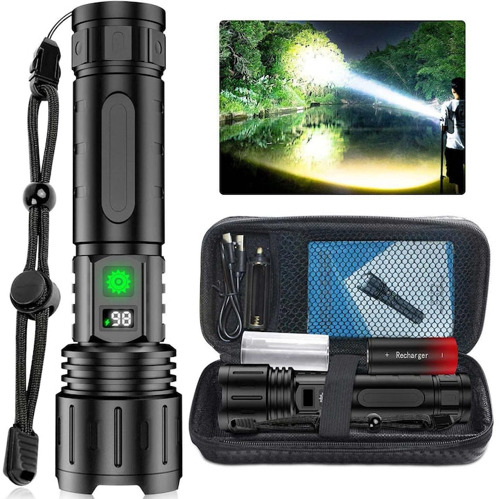 Lanterna Tactica LED Profesionala  2000 Lumeni  5 Moduri Iluminare  Acumulator 5000 mAh (20 h)  Baterie Reincarcabila (USB C)  Multifunctionala  Puternica  Luminoasa  Pescuit  Drumetii  Camping