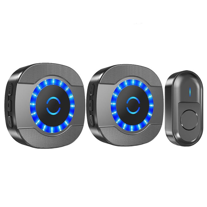 Sonerie Fara Fir/ Wireless  AFKSMILE  Lumina intermitenta  Alimentare Direct la Priza 220V  Maxim 110db  300m  Multiple Tonuri  55 De Melodii  IP55  Usor de Montat  pentru Usa/Poarta  Semnal Puternic  Cu 1 Transmitator/2 Receptoare  ABS  Negru mat