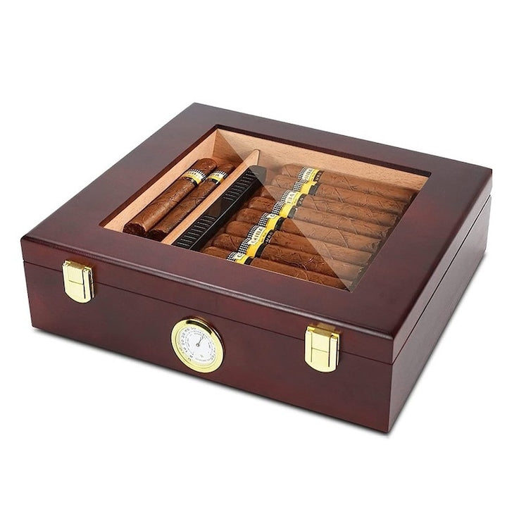 Humidor trabucuri  Rqiurpn  Capacitate 20-25 de trabucuri  Cu umidificator si hygrometru  Capac din sticla  Durabile  Portabil  Design de capacitate mare  Usor de utilizat  Universal  Maro