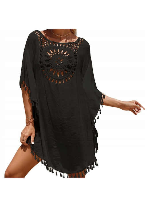SNM - Chiffon beach dress Universal size Multicolor attractive boho style comfortable asymmetrical cut with fringes fine embroidery sleeveless lightweight slightly transparent material pareo swimsuit for holidays 12 installments with 0% interest