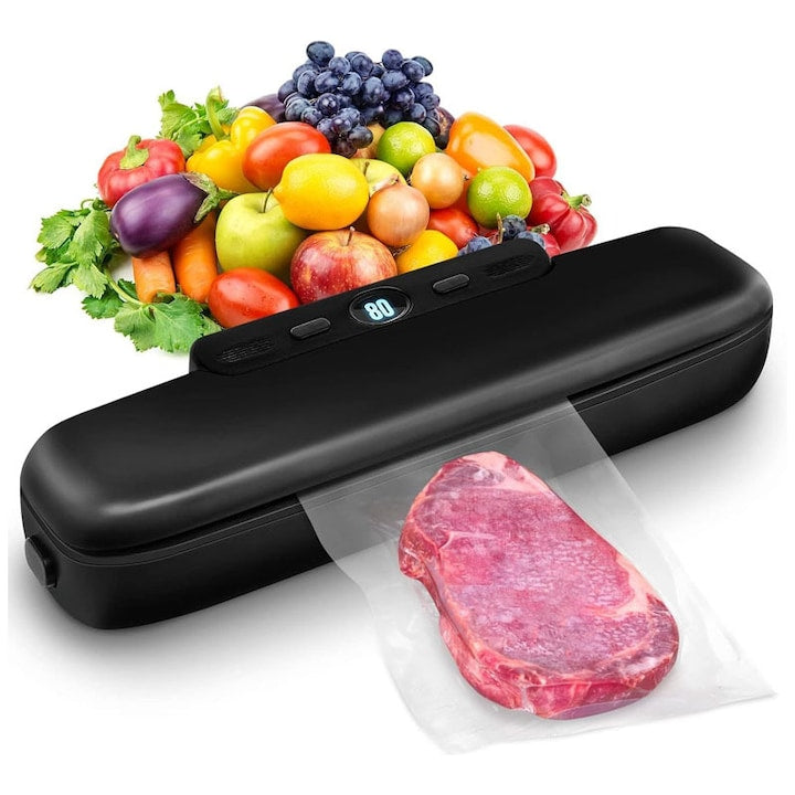 Aparat de Vidat si Sigilat Alimente  Rqiurpn  30 cm Bara Lipire  120W  75kpa  Functii Vidare Sigilare in Mod Automat/Manual/Separat  Timp Reglabil  Afisaj Digital Secunde Ramase  Compact  Silentios  10 Pungi Incluse  Negru