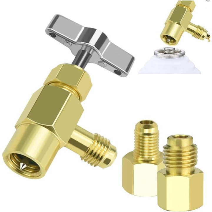 Refrigerant Dispenser Tool Adapter, 2 connector types, 1/4 and 1/2, for R134A Cans with Valve