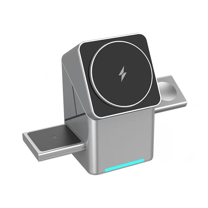 3-in-1 Qi2 15W Wireless Charger Fast Charging Station 180° Touch Rotation MagSafe & Qi2 Compatible Apple StandBy Mode iPhone 17/16/15/14/13/12 Apple Watch All Series AirPods Samsung Huawei Xiaomi Grey