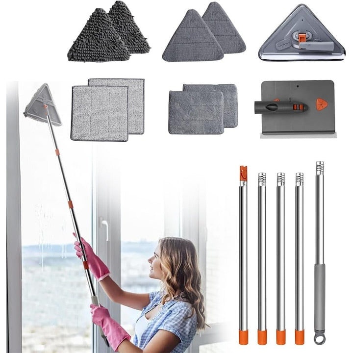 Perie extensibila pentru pereti si tavane de 90" – Mop triunghiular rotativ la 360° cu 8 tampoane reutilizabile  maner lung reglabil pentru podele  ferestre  plinte – Instrument de curatare umeda si uscata pentru multiple suprafete