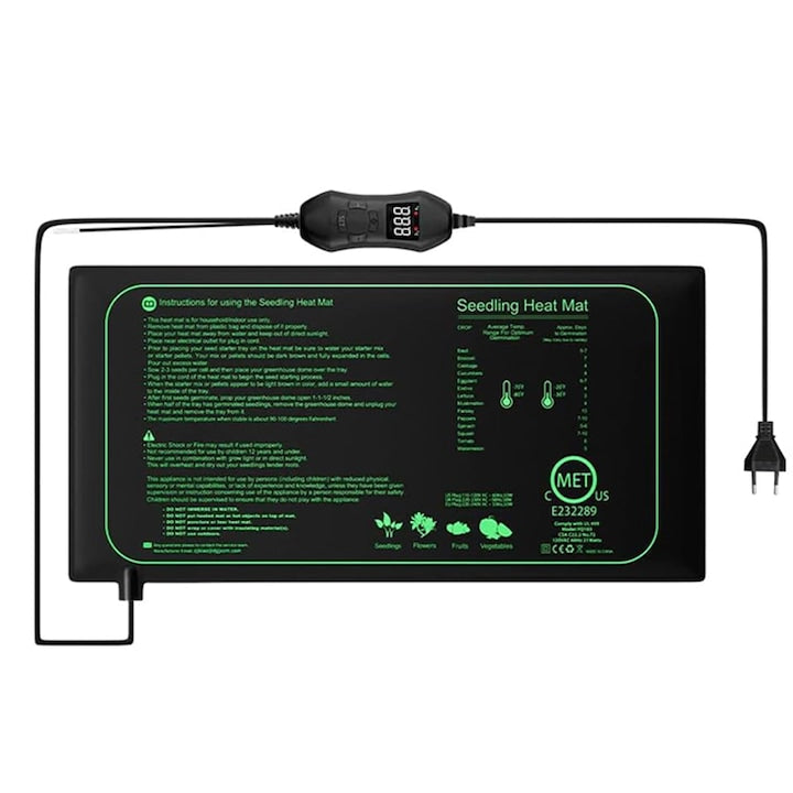 Duueyct Plant Heating Mat with Thermostat, 50W, Adjustable Temperature Levels, Precise Temperature Control, Waterproof, 25x52cm, Smart Growth, Year-Round Production, For Seedlings, Reptiles, Rodents, Black