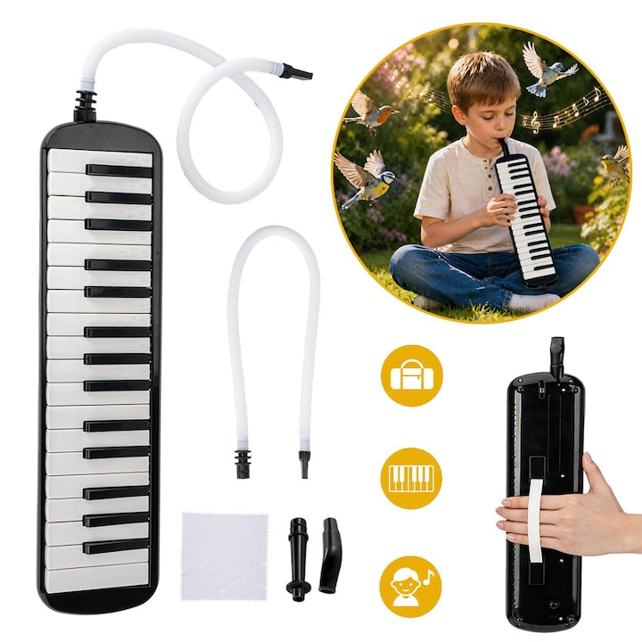 Pian Cu Aer Melodica Cu 32 De Clape  Cu Teava Lunga Flexibila Dubla Din Plastic  Mustiucuri Scurte Si Geanta De Transport  Claviatura In Stil Soprano  Instrument Armonic  Instrumente Portabile