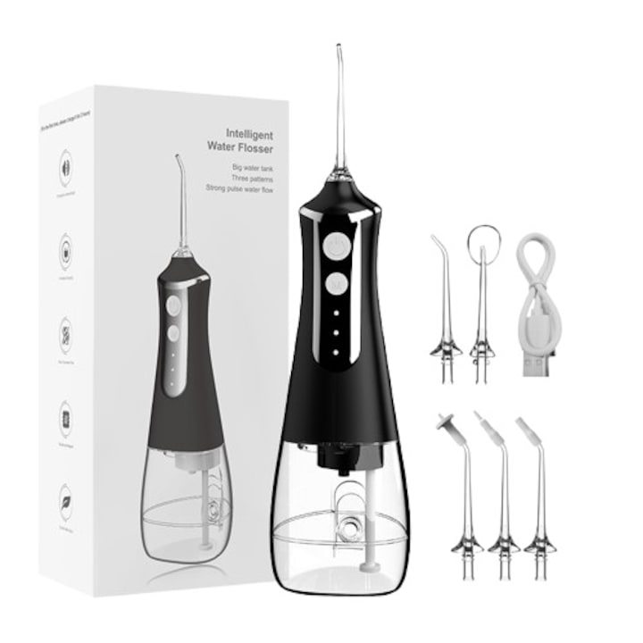 Irigator bucal portabil  300ml  reincarcabil  waterproof  pentru acasa si calatorii  Alb  Negru