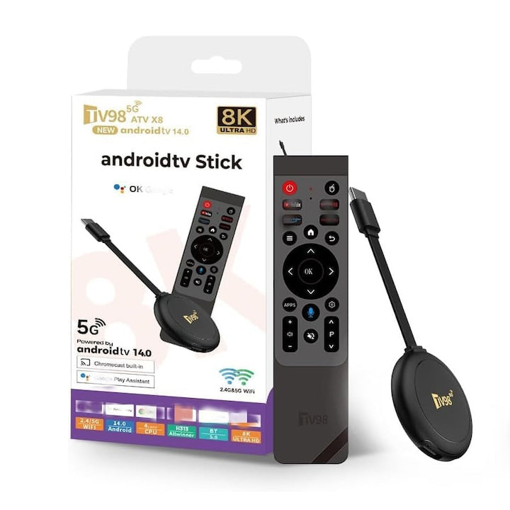 Mini cutie TV inteligenta  8K HDR Mediaplayere  4 core  Android 14.0  Bluetooth 5.0  2GB+16GB  WiFi 2.4G/5G  HDMI  suporta Antena/Youtube/Netflix  Asistentul vocal  Functie de casting  OUYLAF  Negru
