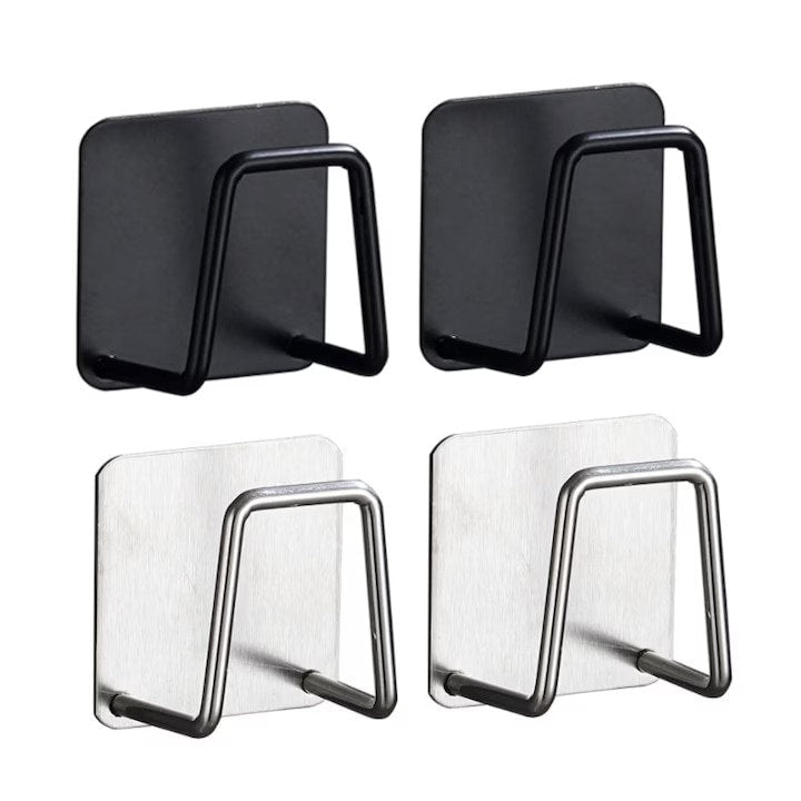 Set de carlige adezive din 4 piese  adeziv puternic fara perforare  suport pentru prosoape din otel inoxidabil  nu necesita gaurire  usor de instalat  rezistent la umiditate si rugina  depozitare consumabile  potrivit pentru baie  bucatarie  usa