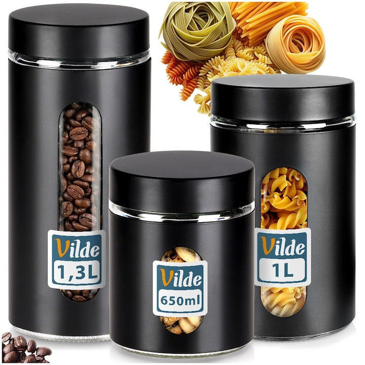 Set 3 Recipiente Alimentare  Vilde  Standard  650 ml 1 L Si 1.3 L  Negru Si Transparent  Sticla Si Plastic  Inchidere Ermetica  Organizator Bucatarie Pentru Depozitare Cafea