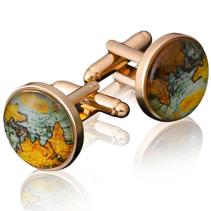 PsAyl - Set of 2 vintage world map cufflinks, copper cufflinks, groom's wedding, tuxedo shirt, business, birthday, 20mm, Gold