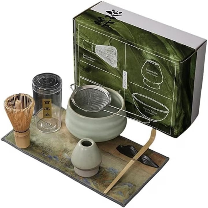 Matcha Tea Set Rqiurpn Bamboo/Ceramic, 7 pieces, with matcha bowl, bamboo whisk, tea scoop, stainless steel tea sifter, ceramic whisk holder, Green
