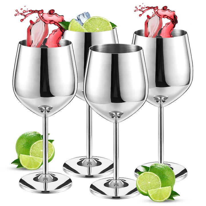 Set 4 Pahare Vin  JFYU  Fara Bisfenol A  Fabricate Din Otel Inoxidabil Rezistent  Capacitate 500 ml  H 20.5 cm  Ideal Pentru Activitati in Aer Liber  Mese de familie  Argent
