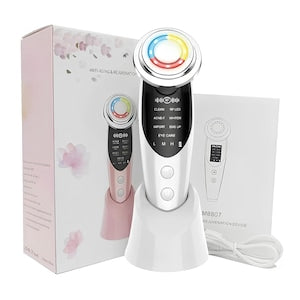7-in-1 Professional Device for Facial Treatment and Skin Rejuvenation - EMS Microcurrent Mesotherapy Lifting Facial Massage Pore Cleansing Wrinkle and Acne Removal Dark Circle Reduction Skin Rejuvenation LED Therapy White