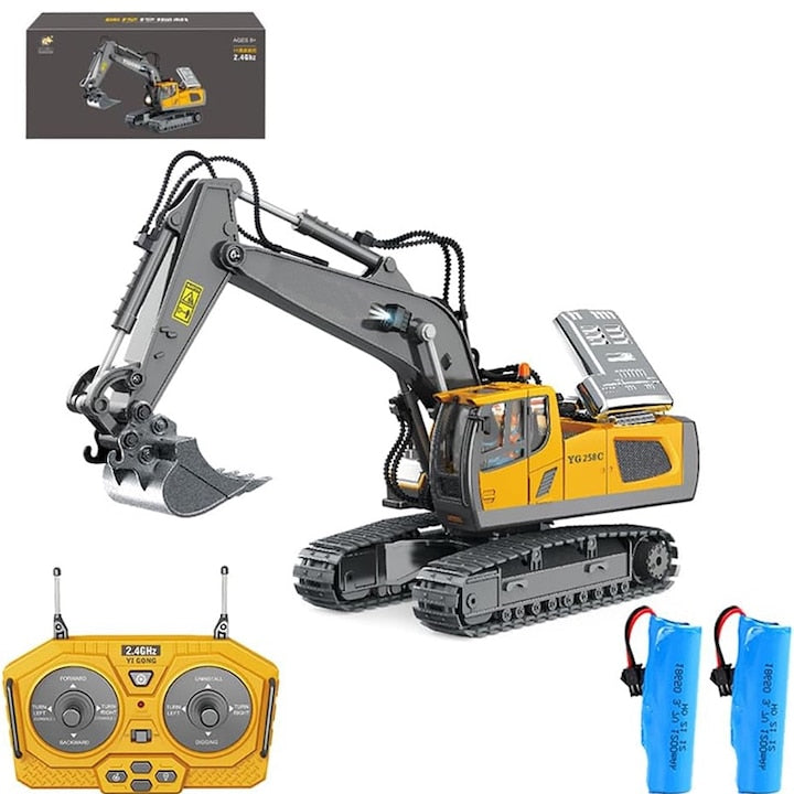 Excavator de jucarie telecomandat Rqiurpn  1:20  cu efecte de lumina si sunet  11 canale  metal  60 minute autonomie