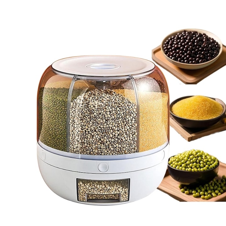 Cereal dispenser for kitchen, 6-compartment, round, for dry food storage, cereals, rice, sugar, flour, cornmeal, peas, chickpeas, lentils, 24 x 24 x 19cm, white