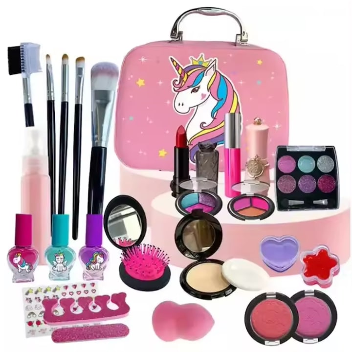 Set de machiaj pentru copii  continand 31 de produse cosmetice  inclusiv ruj  fard de ochi  lac de unghii si accesorii cu tematica unicorn. Include o trusa portabila cu maner  potrivita pentru fete cu varsta cuprinsa intre 3 si 9 ani