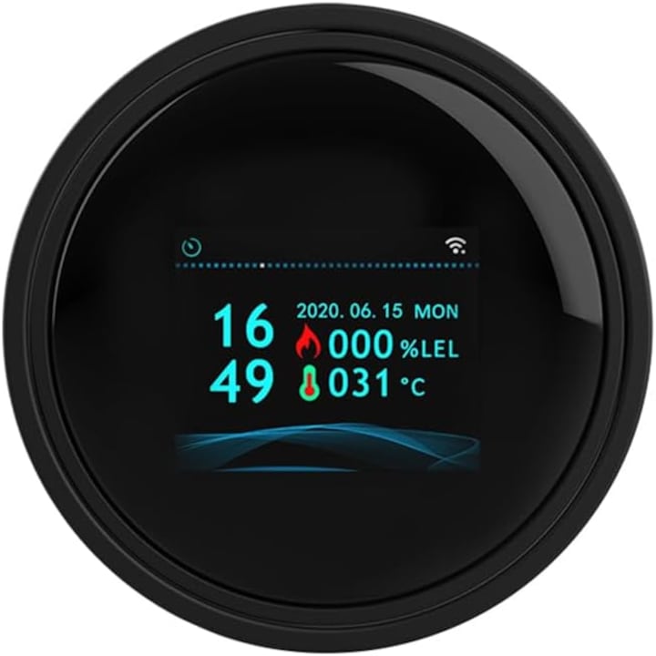 Detector de Gaz  Pentru detectare scurgere de gaze  WiFi 2.4 GHz  Control prin Aplicatie  Smart Control  TUYA APP  Display LCD  Semnal luminos si acustic  Negru mat