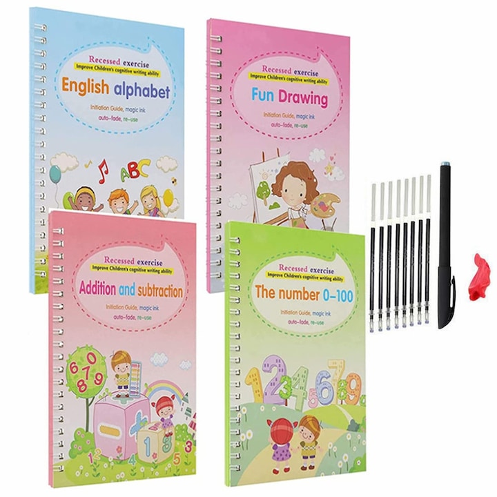 Set cu 4 caiete de lucru si stilou magic pentru scris si desenat  rechizite scolare  multicolor  19 cm X 13 cm  Fun Drawing