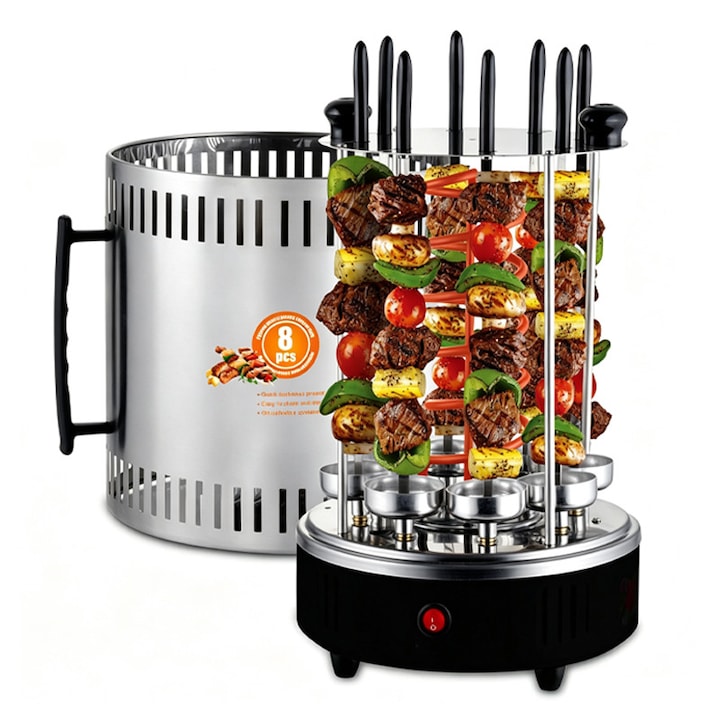 Gratar electric rotativ vertical Duueyct 1200W 8 frigarete inox 360° rotire 30x20x40cm