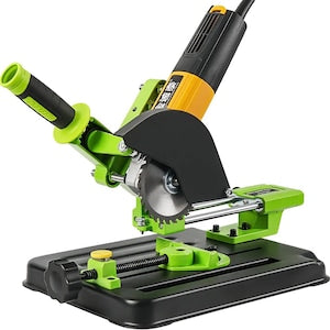 Angle Grinder Stand, 45° cutting support for 100/125 mm grinders, max. cutting stroke 80 mm, max. clamping 150 mm, ABS+metal, green/black