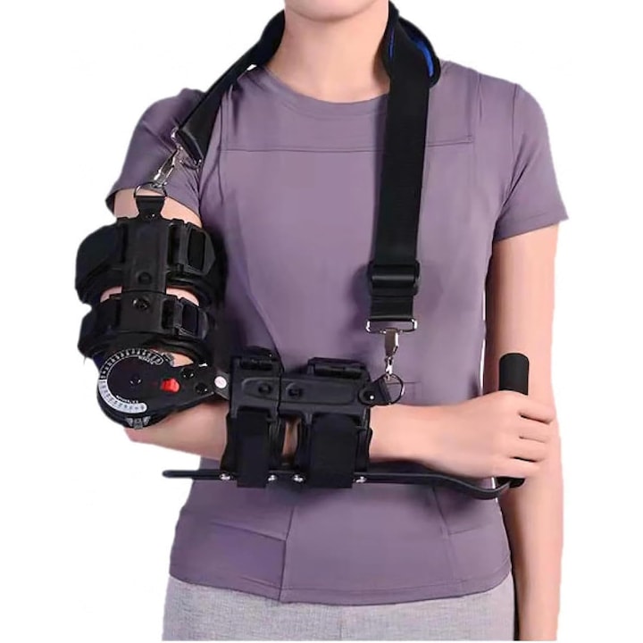 Orteza de cot reglabila  WALALLA  orteza de imobilizare a cotului pentru recuperarea leziunilor la brat  atela telescopica reglabila pentru brat de la -10°–120°  cu suport pentru maini  unisex  mana dreapta  neagra