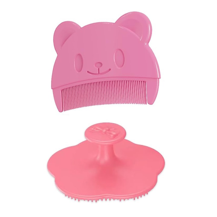 Set 2 Perie de baie si Pieptan bebelusi pentru indepartarea crustelor  Silicon  Roz