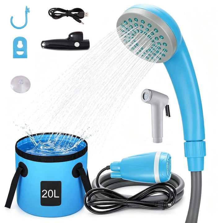 Dus portabil Camping  SANSES  Acumulator Reincarcabil 4000mAh  Debit 3.5 L/min  Rezervor Pliabil 20L si Furtun Inclus  pentru Calatorii si Camping  Albastru