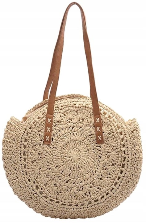 Edibazzar - Eco-Friendly Beach Bag for Women, Straw and Raffia, Round Model, Spacious and Roomy, with Zipper and Inner Pocket, Perfect for Vacation and Shopping, Modern Design, Light Natural Color, Elegant and Practical
