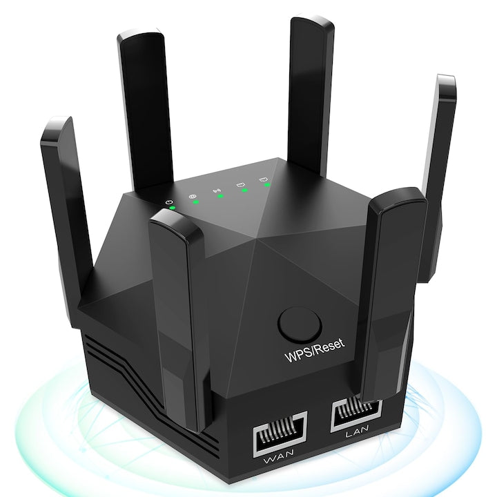WiFi Extender WiFi Signal Amplifier 1200Mbps with 6 Antennas Coverage up to 10000 sq.ft WALALLA Black