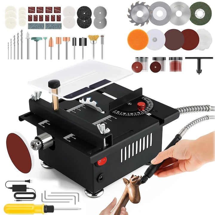 Mini Ferastrau de Masa  SANSES  96 W  cu Sina Glisanta  Taietor Electric Portabil Multifunctional de Birou  7 niveluri de reglare a vitezei  Unghi Reglabile  Sursa de Alimentare  pentru Taiere  Slefuire  Gravare  Gaurire  Negru
