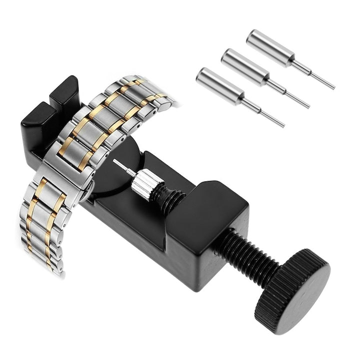 Instrument de indepartare a zalelor bratarii  Instrument de indepartare a pinilor de ceas  Pin metalic reglabil pentru curea de ceas  Potrivit pentru curele de ceas de pana la 30 mm  3 pini de rezerva  Negru