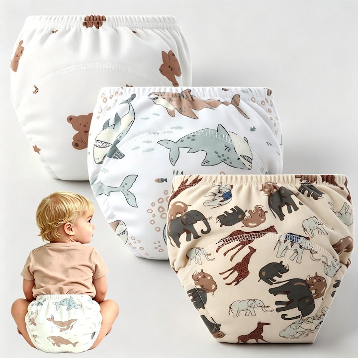 Set de 3 Chiloti de antrenament pentru olita  Reutilizabili  100% Bumbac  Cu strat antiscurgere  Puternic absorbanti  Imprimeuri animale  L(11-18kg)