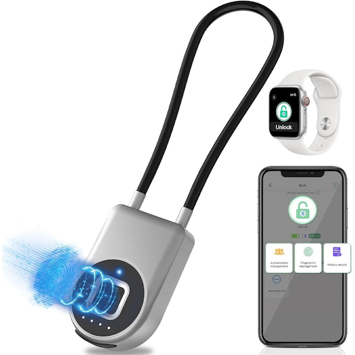WALALLA Smart Fingerprint Padlock, Smart Lock with 22cm Long Cable, Bluetooth App and Fingerprint, Keyless Biometric Padlock, Waterproof for Outdoor Door, Refrigerator, Fence, Storage Room, Silver