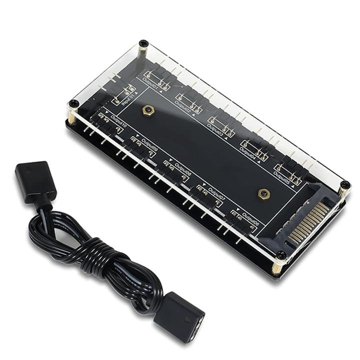 Rqiurpn Hub Splitter 5V 3Pin ARGB Hub 1 to 10 PWM and ARGB SATA Power Easy to Use for PC Case Fan Black