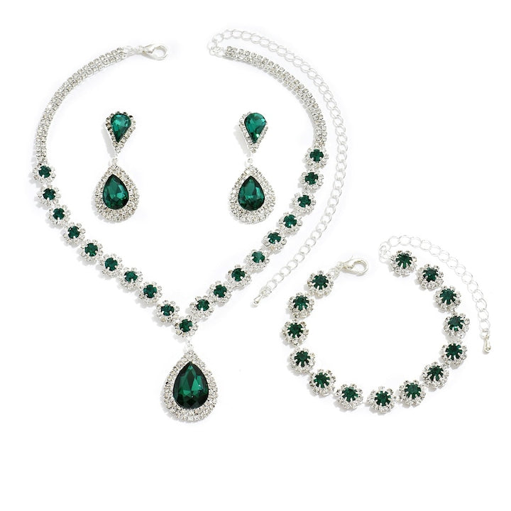 Fantasy - Trio de bijuterii pentru femei  colier  bratara si cercei  S925 argint  Verde/Argintiu  Pietre de stras  Elegant  nobil  placate electro