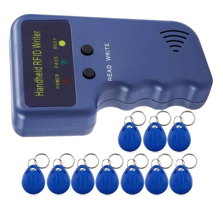 RFID Copier 125KHz Upgraded Portable Reader-Writer Decoder with 10 Rewritable Key Cards Only Compatible with 125KHz Access Control Cards Small and portable, durable, ergonomic design, high stability, blue, 110*70*30mm