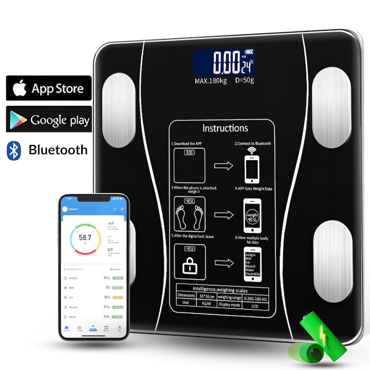 Cantar Electronic Inteligent De Baie  Digital  Bluetooth  Compatibil Aplicatii Smart  Greutate Maxima 180 kg  Ecran LCD iluminat  Analiza Corporala Detaliata