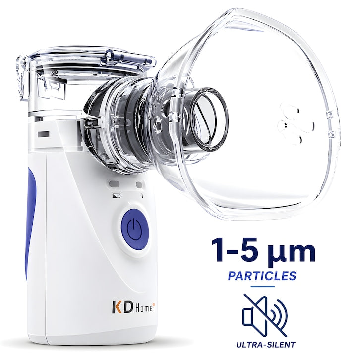 Aparat aerosoli KD Home VK-8201  nebulizator  portabil  validat clinic  ultrasonic  baterii si adaptor priza  tehnologie Mesh  accesorii  trusa depozitare  super silentios  alb