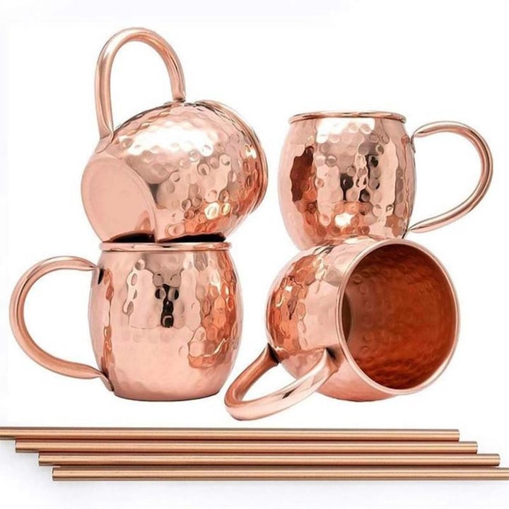 Set 4 Cani din Cupru cu 4 Pai  500ml  cupru