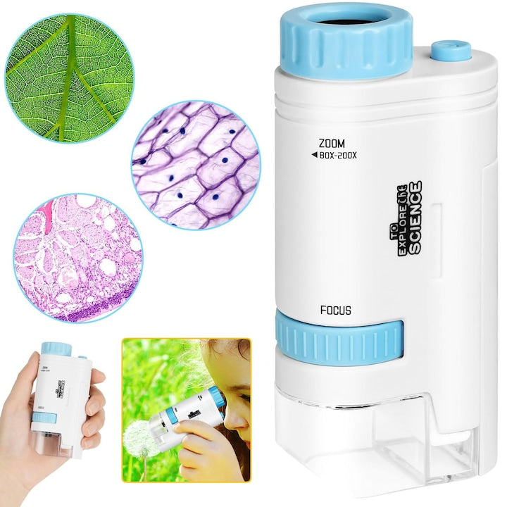 Mini Pocket Microscope Portable Microscopes 80X-200X with LED Light Portable Toy for Kids for Microbiological Observations Learning Education and Outdoor Exploration (Blue)