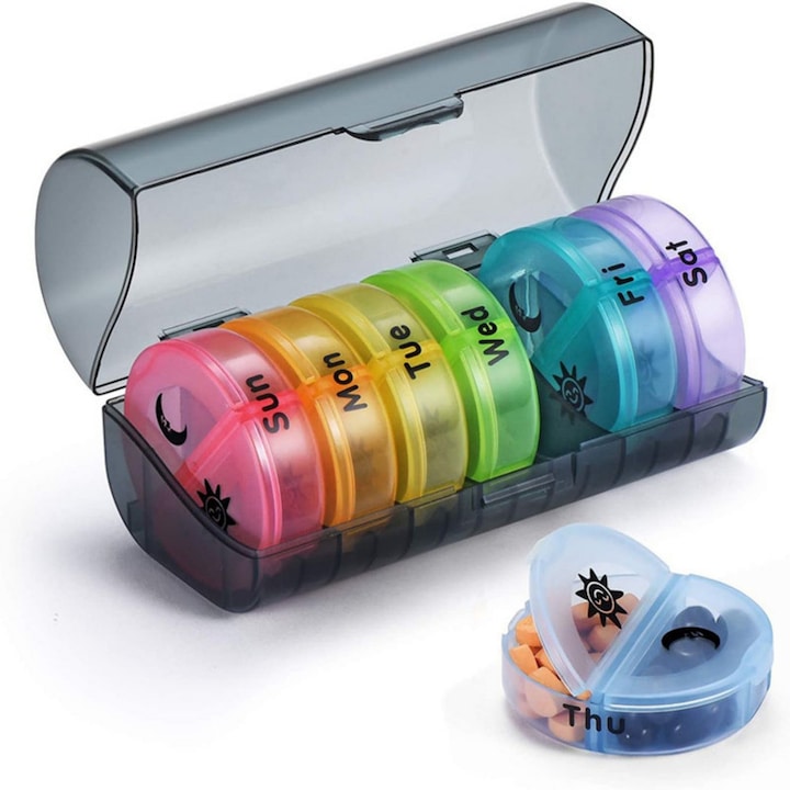 Organizator pastile 7 zile  cutie pentru medicamente  design colorat zilnic  material fara BPA  ideal pentru acasa si calatorii
