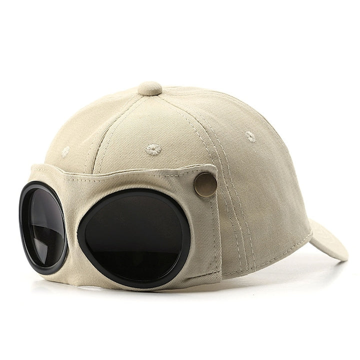 AFKSMILE - Baseball Cap with Goggles, Unisex Pilot Hat, With Sweatband, Comfortable, Windproof, Stitched Visor, Suitable for Skiing, Hiking and Sports, Non-Adjustable, Cotton/Polyester, Universal Size 56-60 cm, White