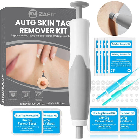 Dispozitiv Indepartare Papiloame ZAFIT®  Skin Tag Removal Kit  pentru Fata  Gat  Corp  Dimensiuni 2-8mm  10x Servetele Alcool  40x Benzi cauciuc  2x Capete  Gri