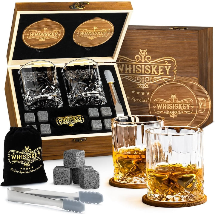 Set whisky/accesorii  whisky 2 pahare 310ml 8 cuburi granit natural  Usor de Curatat  Accesorii Bar  Cadou ideal Barbati