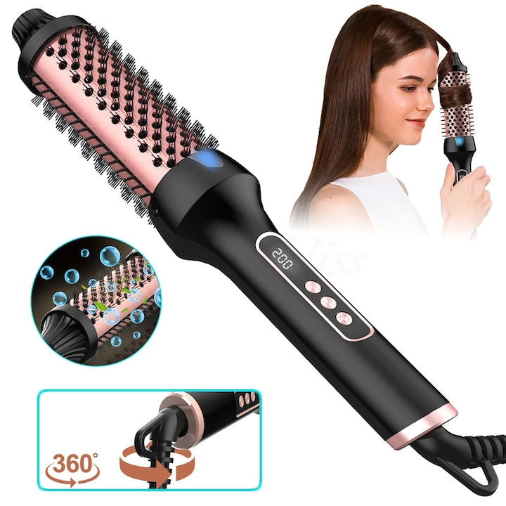 38mm Heated Ionic Hair Brush with Curler and LCD Display for Styling - Curly, Straight, Comb, Round Hot Barrel Hair Brush for Women, 9 Temperature Settings 120-200℃