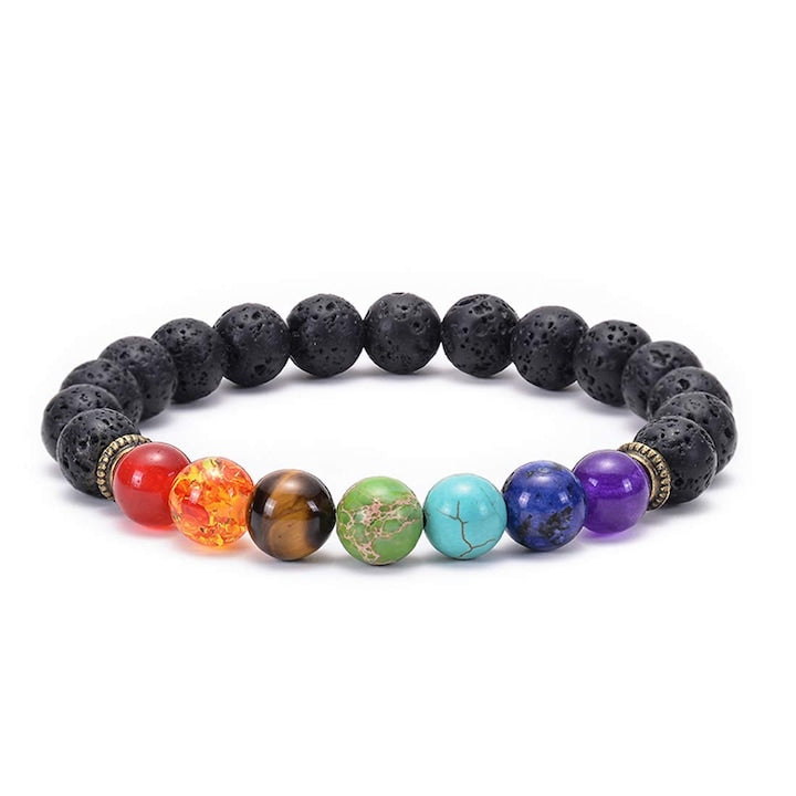 Bratara unisex cu 7 chakre  multicolora  reglabila  realizata din piatra de agat vulcanic de 8 mm si pietre naturale semipretioase  Negru